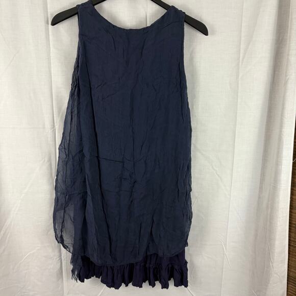 H Trend Made in Italy Navy Blue 100% Silk Ruffle Sleeveless Dress XS - Picture 2 of 5